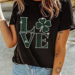 Black Short-Sleeve Tee with Green Rhinestone LOVE & Clover Detail